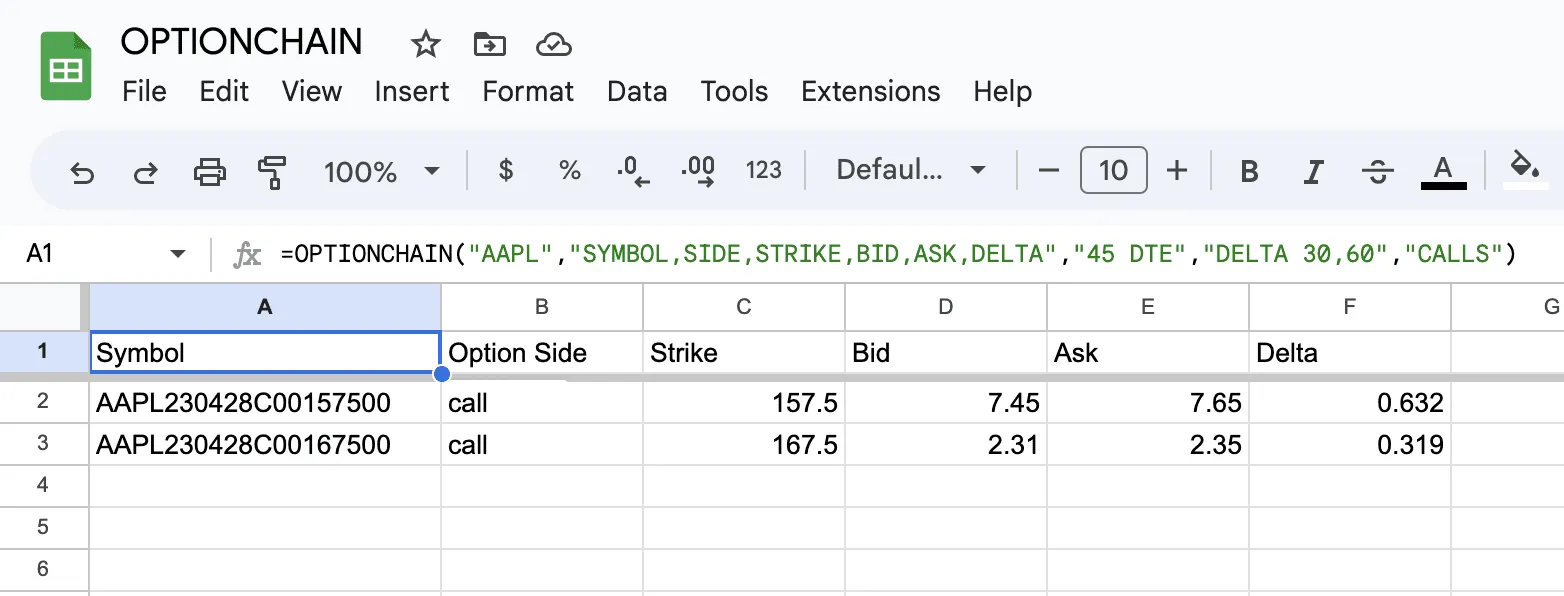 OPTIONCHAIN formula google sheets