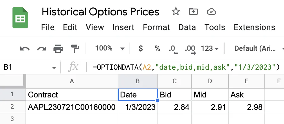 Historical options price quote