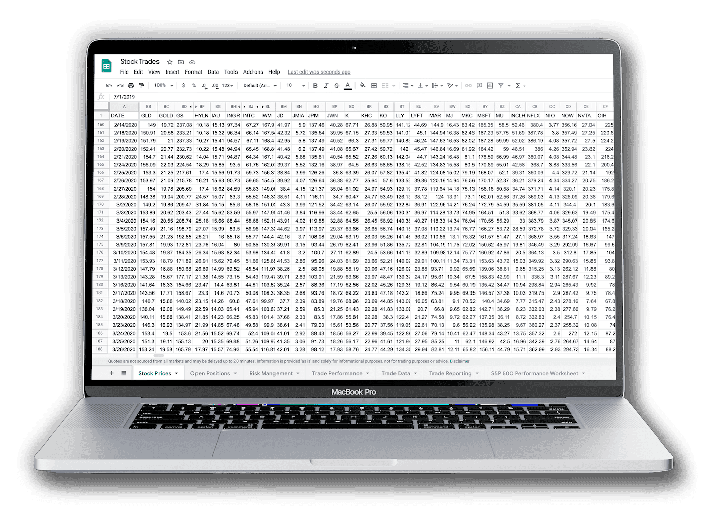 Google Sheets showing intraday stock prices in dark mode