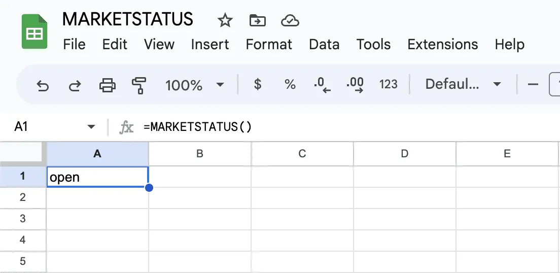 The MARKETSTATUS formula returning the market's open or closed status for the current day
