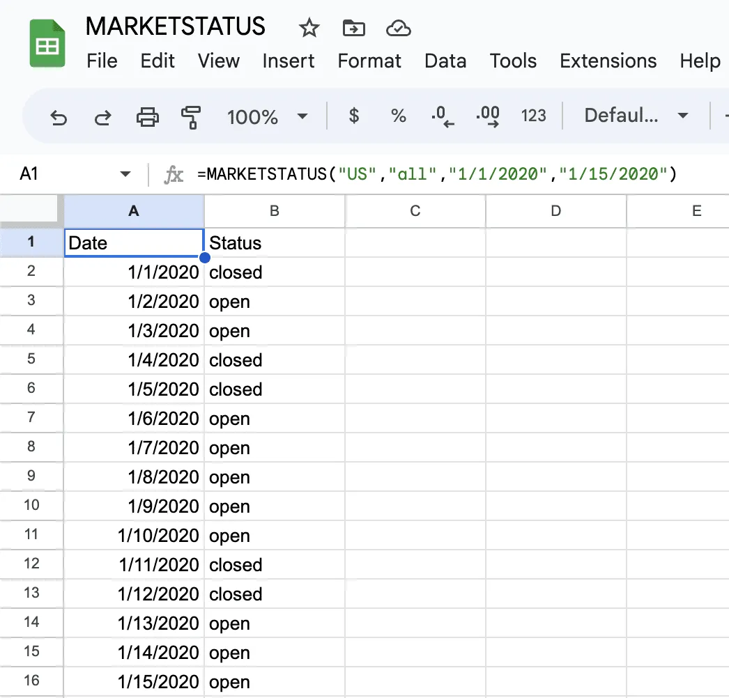 MARKETSTATUS called with the fixed past dates 1/1/2020 and 1/15/2020, returning a fifteen-row Date and Status array in which New Year’s Day and the weekends are closed