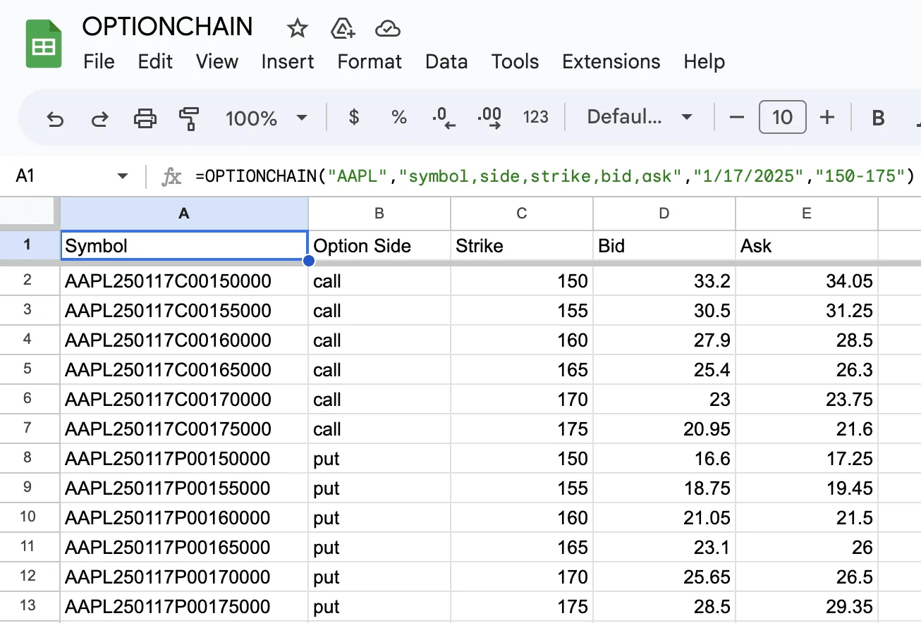 OPTIONCHAIN Filter by Strike