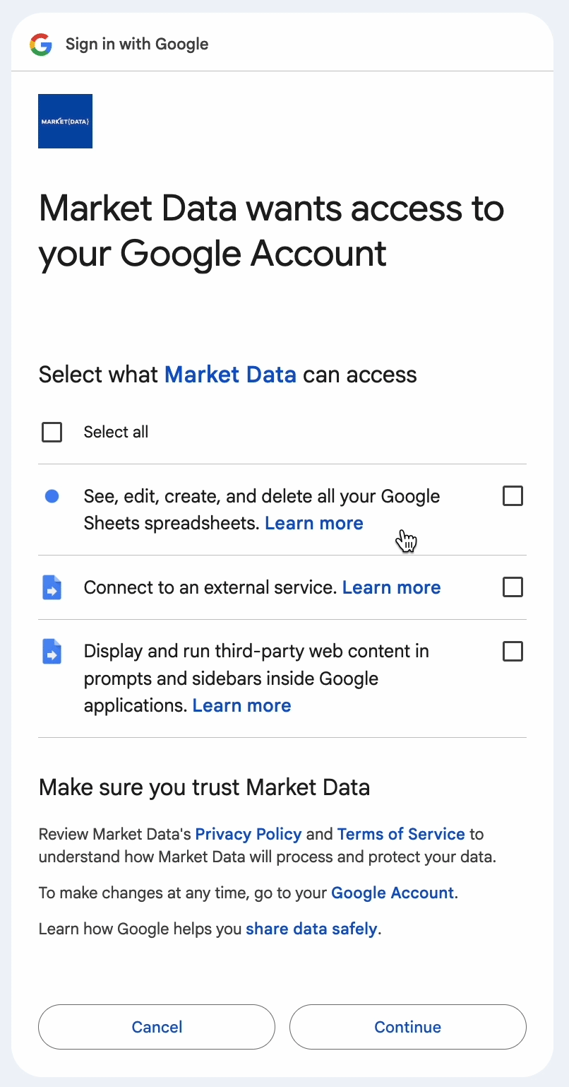 Google OAuth consent screen—select all permissions and click Continue